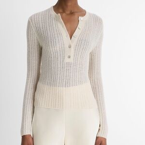 NWT Vince Off-White Waffle-Knit Cashmere-Silk Henley Sweater | Size S
